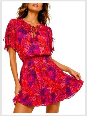 MISA Los Angeles Dominique Mini Dress Red Pink Smocked Ruffle XL